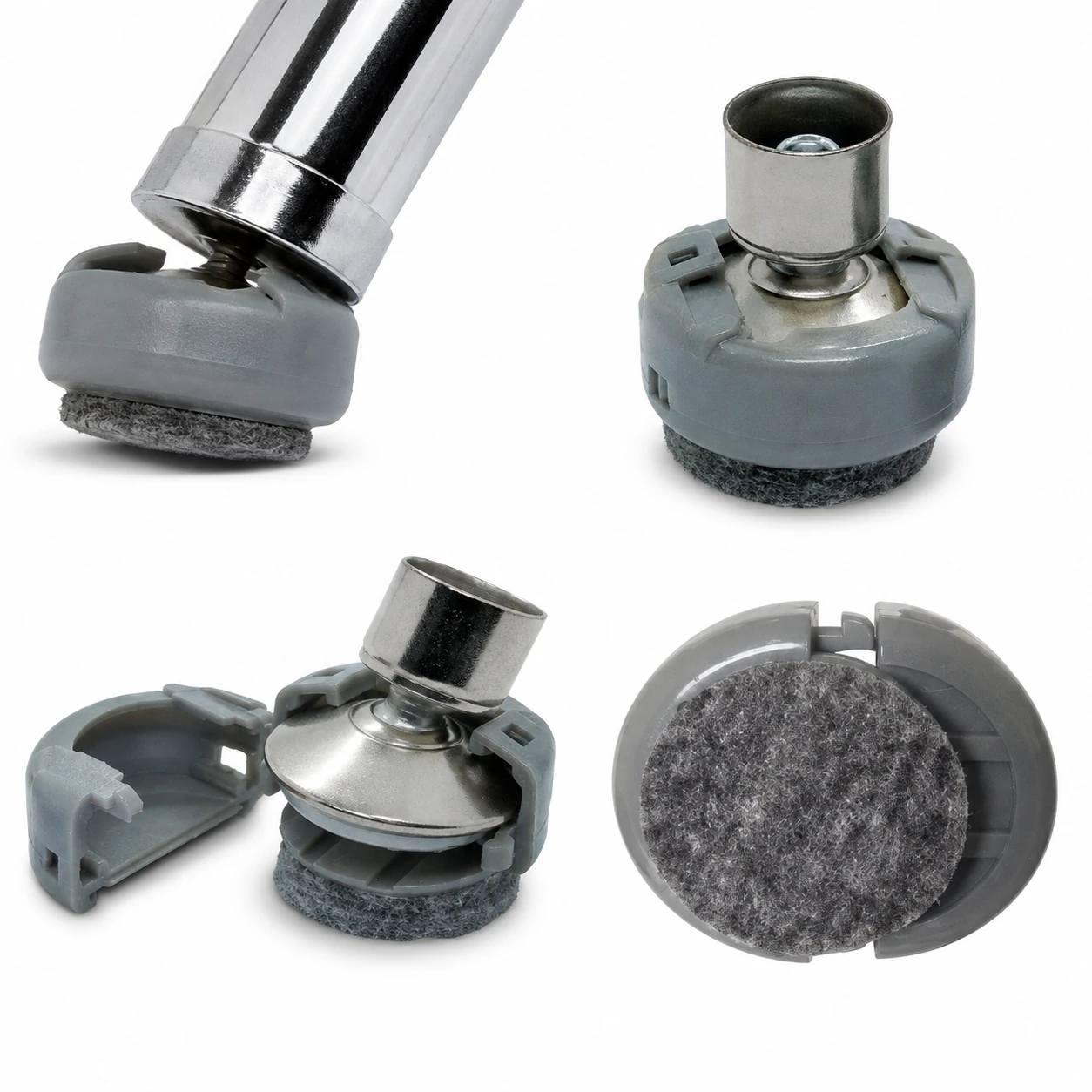 DuraGlides chair glides shown from multiple views including installed, assembled, open, and felt-bottom views