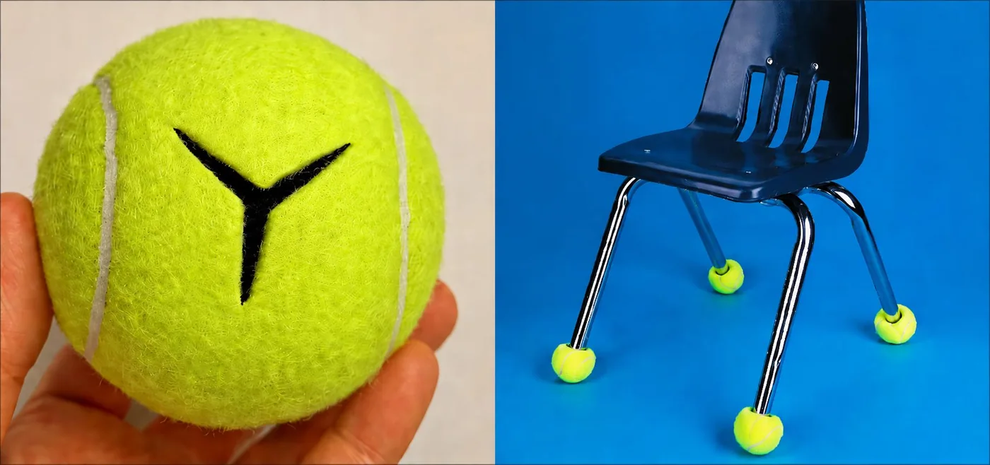 Bright yellow precut tennis balls installed on a classroom chair, shown beside a close-up Y-cut tennis ball
